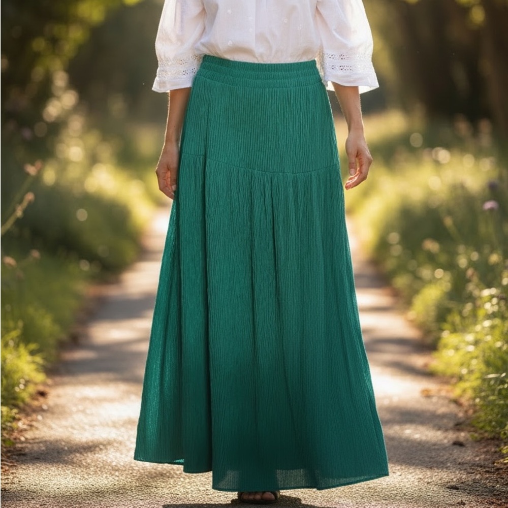 Chaus Women Plus Size Teal Crinkle Elastic Waist Coastal Maxi Skirt 1X